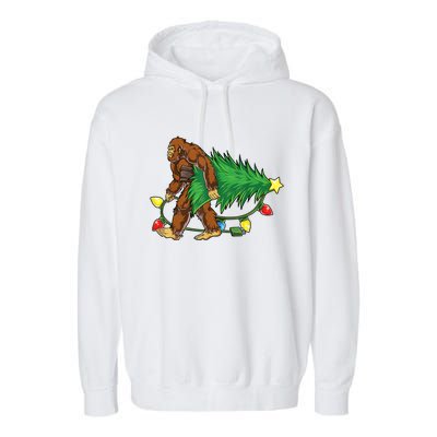 Bigfoot Christmas Tree Lights Xmas Boys Sasquatch Lovers Garment-Dyed Fleece Hoodie