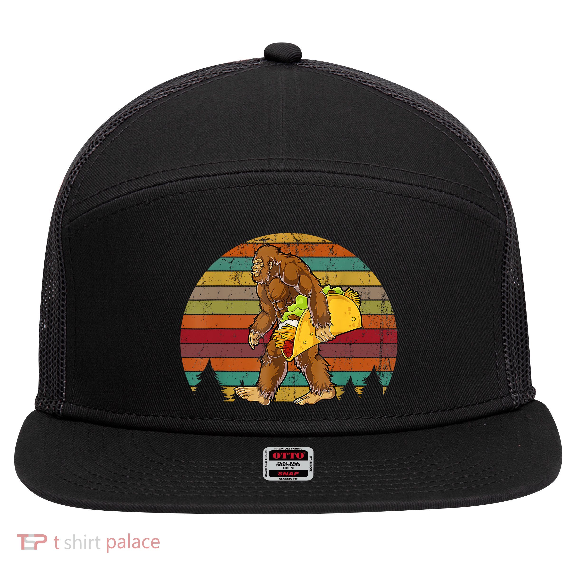 Bigfoot Carrying Taco Funny Cinco De Mayo Boy Men Sasquatch 7 Panel Mesh Trucker Snapback Hat