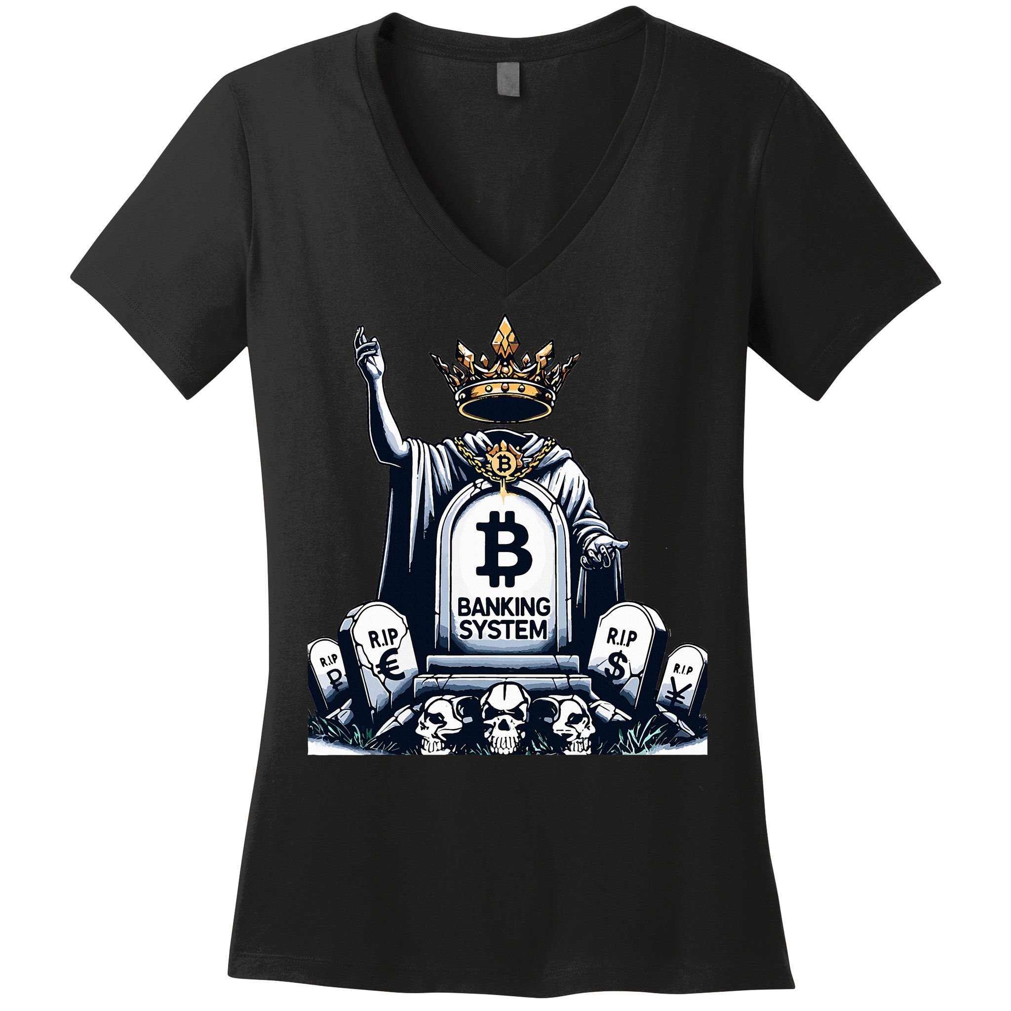 Bitcoin Crypto the new king Funny Vintage Banking System  Women's V-Neck T-Shirt