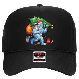 Bigfoot Christmas Tree Lights Xmas Sasquatch Lovers High Crown Mesh Back Trucker Hat