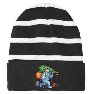 Bigfoot Christmas Tree Lights Xmas Sasquatch Lovers Striped Beanie with Solid Band