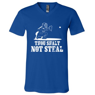 Baseball Catcher Thou Shalt Not Steal Religious Gift V-Neck T-Shirt