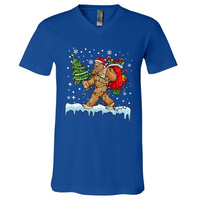 Bigfoot Christmas Tree Lights Xmas Sasquatch Lovers V-Neck T-Shirt