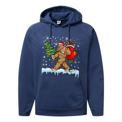 Bigfoot Christmas Tree Lights Xmas Sasquatch Lovers Performance Fleece Hoodie