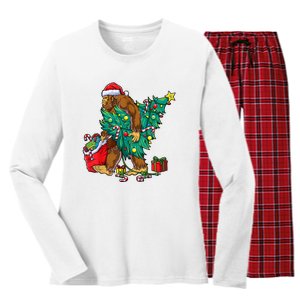 Bigfoot Christmas Tree Lights Xmas Boy Sasquatch Lovers Women's Long Sleeve Flannel Pajama Set 