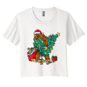 Bigfoot Christmas Tree Lights Xmas Boy Sasquatch Lovers Women's Crop Top Tee