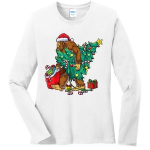 Bigfoot Christmas Tree Lights Xmas Boy Sasquatch Lovers Ladies Long Sleeve Shirt