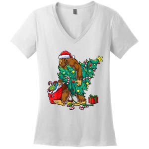 Bigfoot Christmas Tree Lights Xmas Boy Sasquatch Lovers Women's V-Neck T-Shirt