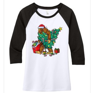 Bigfoot Christmas Tree Lights Xmas Boy Sasquatch Lovers Women's Tri-Blend 3/4-Sleeve Raglan Shirt