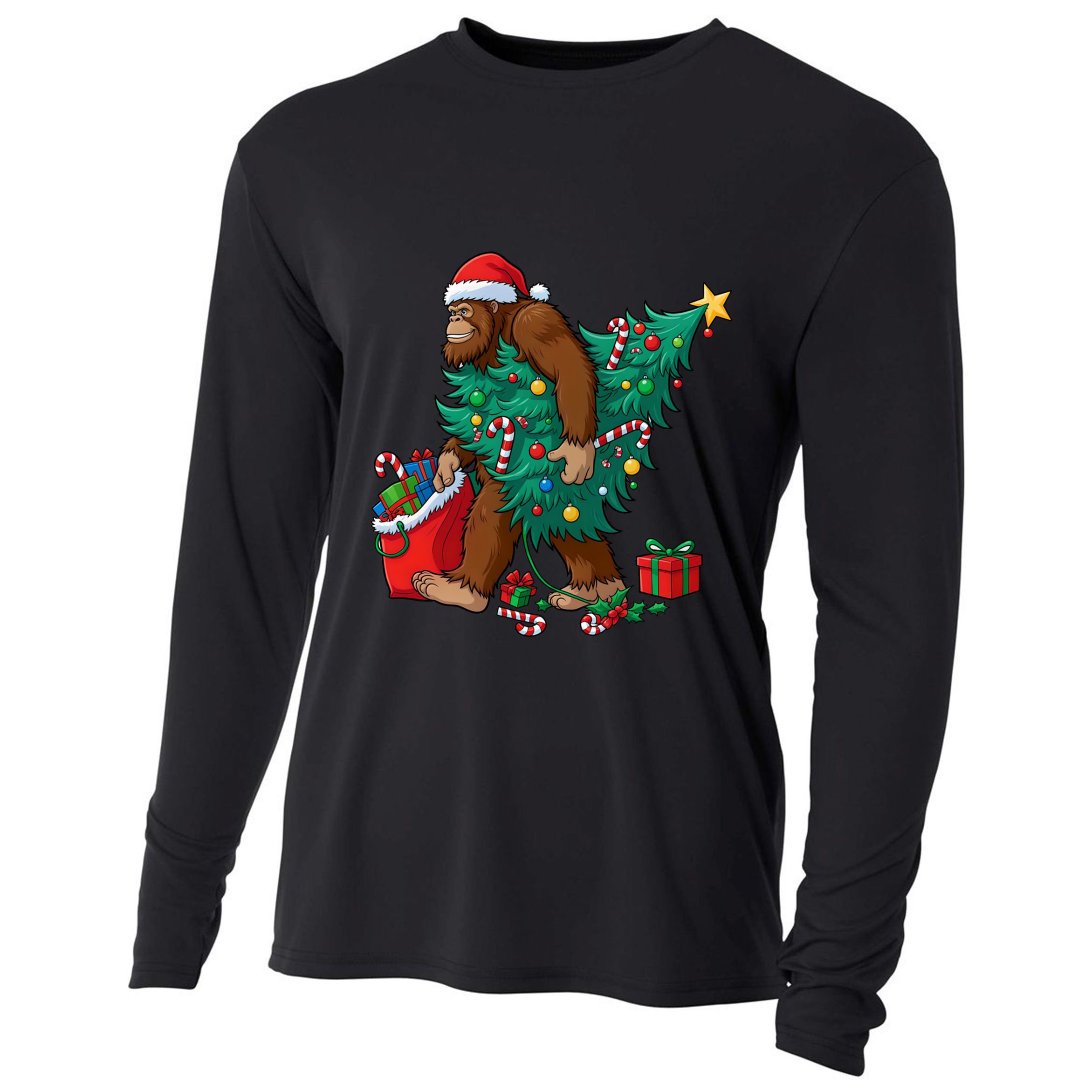 Bigfoot Christmas Tree Lights Xmas Sasquatch Lovers Cool Gift Cooling Performance Long Sleeve Crew