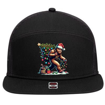 Bigfoot Christmas Tree Lights Xmas Sasquatch Lovers Gift 7 Panel Mesh Trucker Snapback Hat