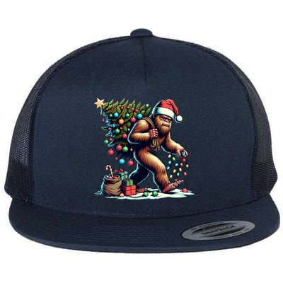 Bigfoot Christmas Tree Lights Xmas Sasquatch Lovers Gift Flat Bill Trucker Hat