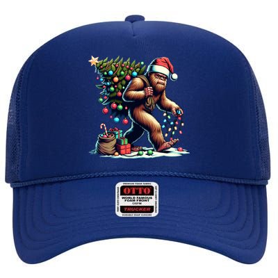 Bigfoot Christmas Tree Lights Xmas Sasquatch Lovers Gift High Crown Mesh Back Trucker Hat