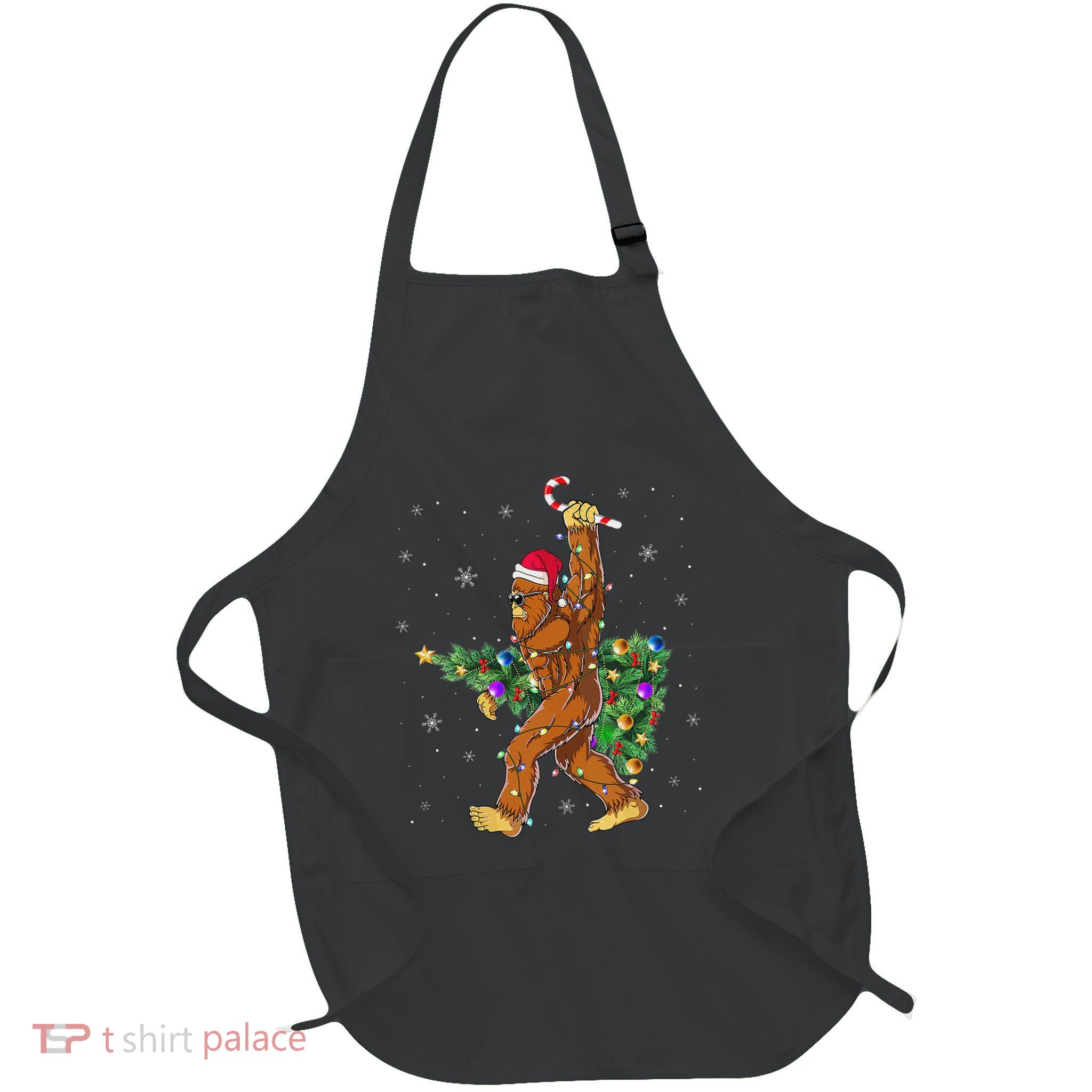 Bigfoot Christmas Tree Lights Sasquatch Lovers Full-Length Apron With Pockets