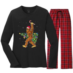 Bigfoot Christmas Tree Lights Sasquatch Lovers Women's Long Sleeve Flannel Pajama Set 