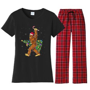 Bigfoot Christmas Tree Lights Sasquatch Lovers Women's Flannel Pajama Set