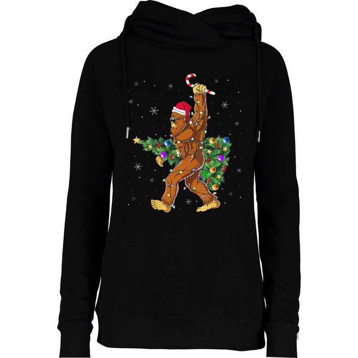 Bigfoot Christmas Tree Lights Sasquatch Lovers Womens Funnel Neck Pullover Hood