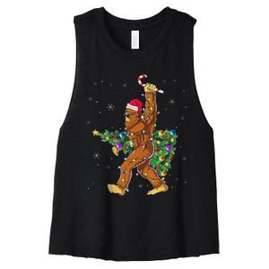 Bigfoot Christmas Tree Lights Sasquatch Lovers Women's Racerback Cropped Tank