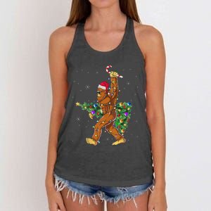 Bigfoot Christmas Tree Lights Sasquatch Lovers Women's Knotted Racerback Tank