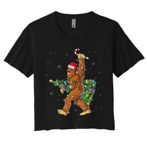 Bigfoot Christmas Tree Lights Sasquatch Lovers Women's Crop Top Tee