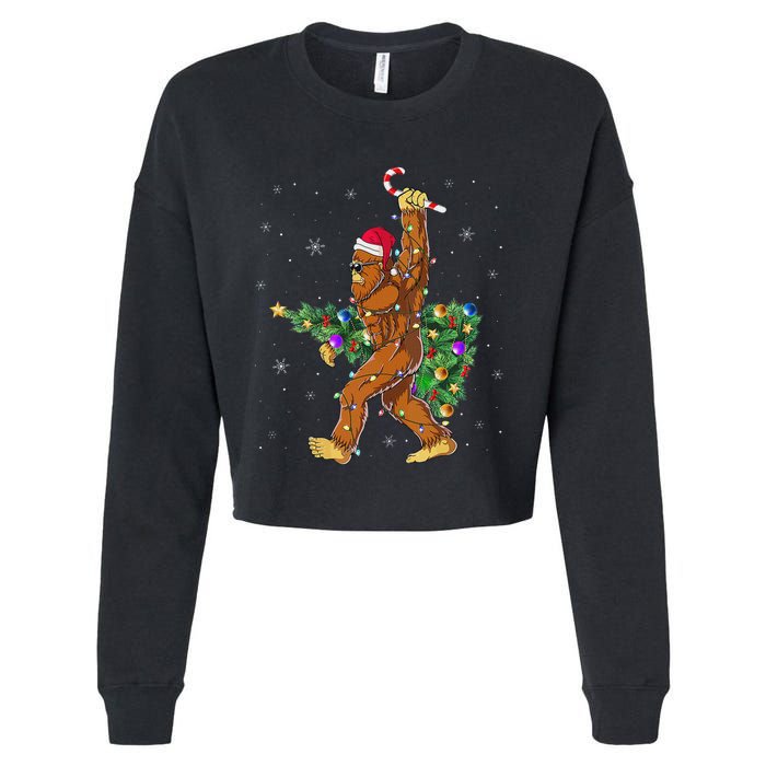 Bigfoot Christmas Tree Lights Sasquatch Lovers Cropped Pullover Crew