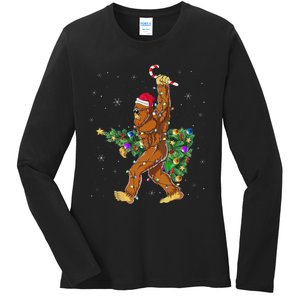 Bigfoot Christmas Tree Lights Sasquatch Lovers Ladies Long Sleeve Shirt