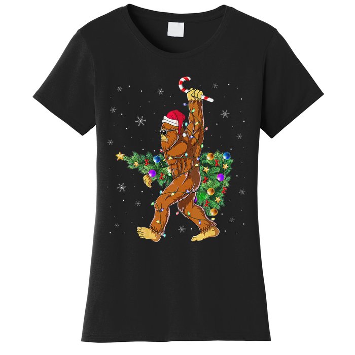 Bigfoot Christmas Tree Lights Sasquatch Lovers Women's T-Shirt