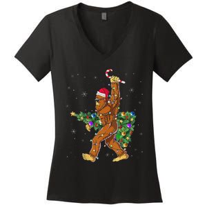 Bigfoot Christmas Tree Lights Sasquatch Lovers Women's V-Neck T-Shirt