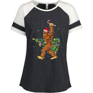 Bigfoot Christmas Tree Lights Sasquatch Lovers Enza Ladies Jersey Colorblock Tee