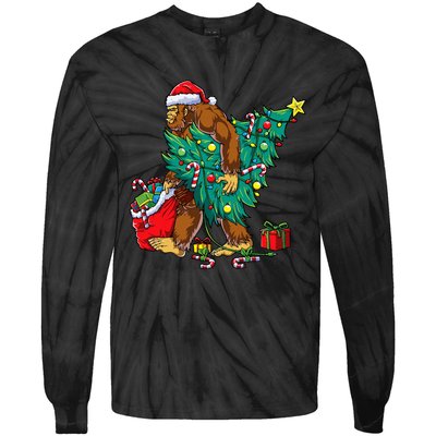 Bigfoot Christmas Tree Lights Xmas Sasquatch Lovers Tie-Dye Long Sleeve Shirt