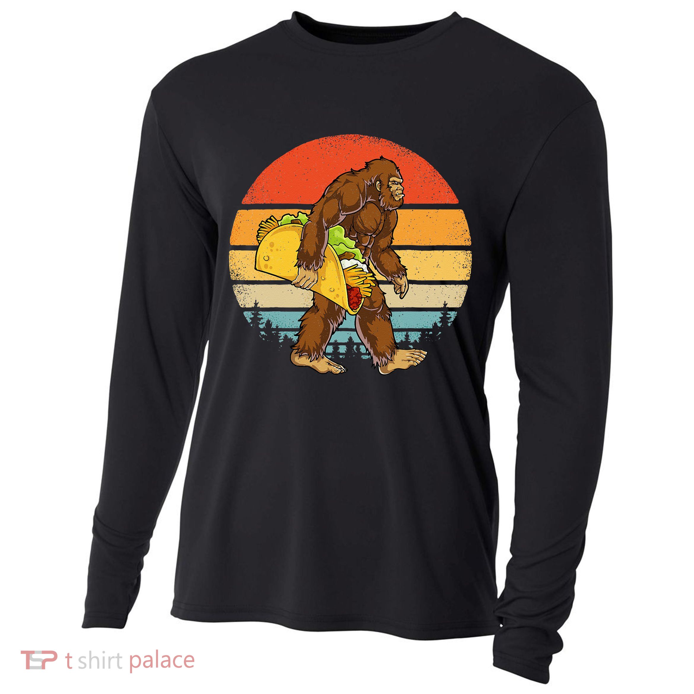 Bigfoot Carrying Taco Funny Cinco De Mayo Men Sasquatch Cooling Performance Long Sleeve Crew