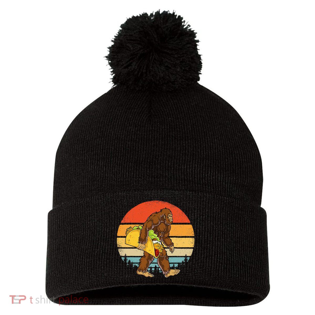 Bigfoot Carrying Taco Funny Cinco De Mayo Men Sasquatch Pom Pom 12in Knit Beanie