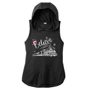 Believe Christmas Train Holiday Ladies PosiCharge Tri-Blend Wicking Draft Hoodie Tank