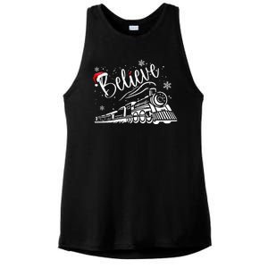 Believe Christmas Train Holiday Ladies PosiCharge Tri-Blend Wicking Tank