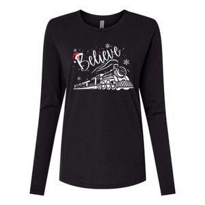 Believe Christmas Train Holiday Womens Cotton Relaxed Long Sleeve T-Shirt