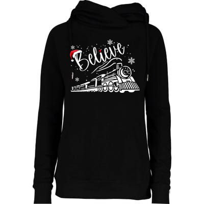 Believe Christmas Train Holiday Womens Funnel Neck Pullover Hood