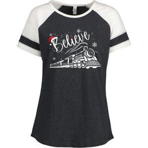 Believe Christmas Train Holiday Enza Ladies Jersey Colorblock Tee