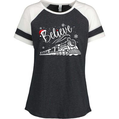 Believe Christmas Train Holiday Enza Ladies Jersey Colorblock Tee