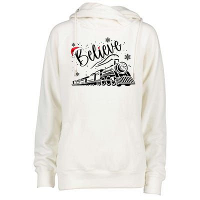 Believe Christmas Train Holiday Womens Funnel Neck Pullover Hood