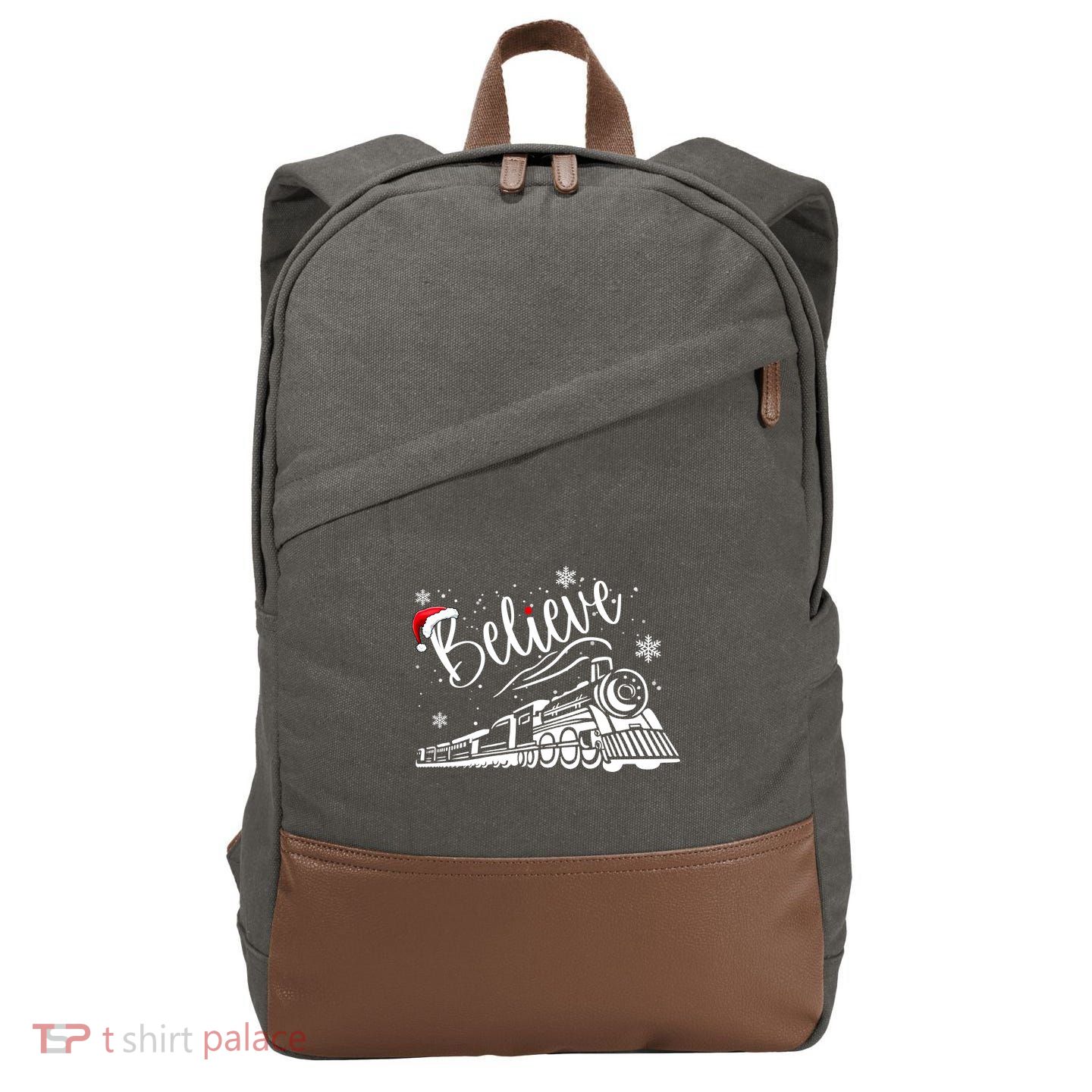 Believe Christmas Train Holiday Cotton Canvas Backpack