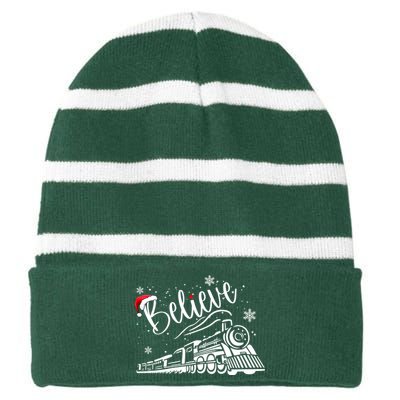 Believe Christmas Train Holiday Striped Beanie with Solid Band