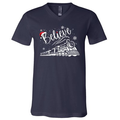 Believe Christmas Train Holiday V-Neck T-Shirt