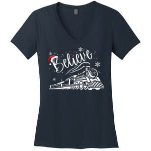 Believe Christmas Train Holiday Women's V-Neck T-Shirt