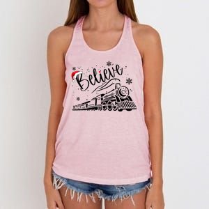 Believe Christmas Train Holiday Women's Knotted Racerback Tank