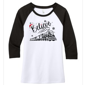 Believe Christmas Train Holiday Women's Tri-Blend 3/4-Sleeve Raglan Shirt