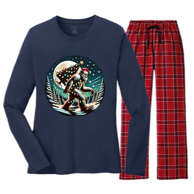 Bigfoot Christmas Tree Lights Xmas Sasquatch Lovers Women's Long Sleeve Flannel Pajama Set 