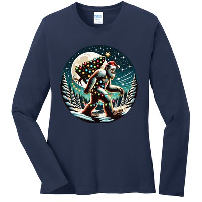 Bigfoot Christmas Tree Lights Xmas Sasquatch Lovers Ladies Long Sleeve Shirt