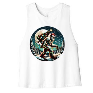 Bigfoot Christmas Tree Lights Xmas Sasquatch Lovers Women's Racerback Cropped Tank