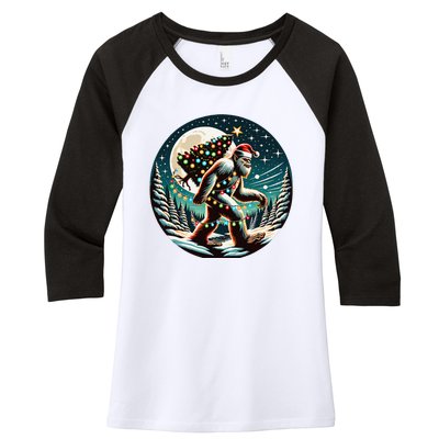 Bigfoot Christmas Tree Lights Xmas Sasquatch Lovers Women's Tri-Blend 3/4-Sleeve Raglan Shirt