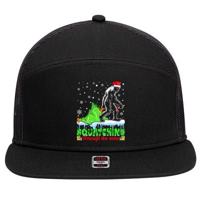 Bigfoot Christmas Tree Squatching Through The Snow 7 Panel Mesh Trucker Snapback Hat